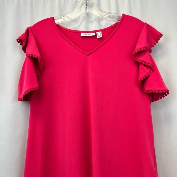 Susan Graver Womens Blouse Fuchsia Cap Sleeve Flutter V Neck Stretch Lace Trim M - Picture 5 of 10